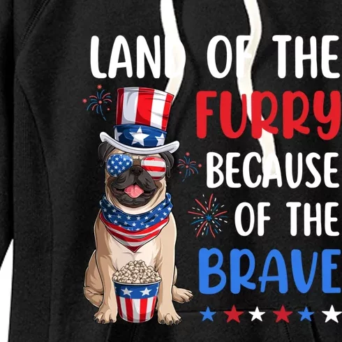 Land Of The Furry Pug 4th Of July Merica Usa American Flag Gift Women's Fleece Hoodie