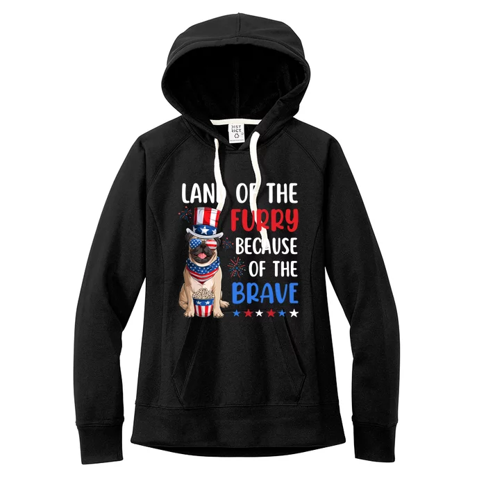 Land Of The Furry Pug 4th Of July Merica Usa American Flag Gift Women's Fleece Hoodie