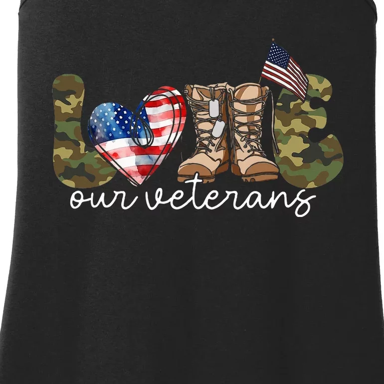 Love Our Veterans Heart USA Flag Camouflage Army Boots Proud Ladies Essential Tank