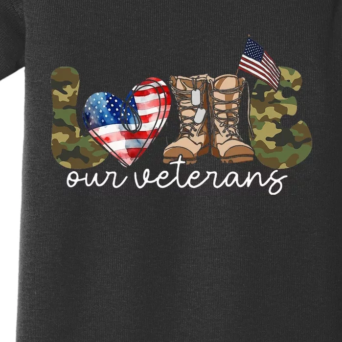 Love Our Veterans Heart USA Flag Camouflage Army Boots Proud Baby Bodysuit