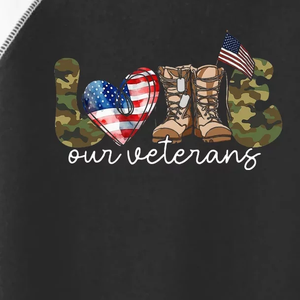 Love Our Veterans Heart USA Flag Camouflage Army Boots Proud Toddler Fine Jersey T-Shirt