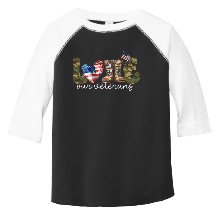 Love Our Veterans Heart USA Flag Camouflage Army Boots Proud Toddler Fine Jersey T-Shirt