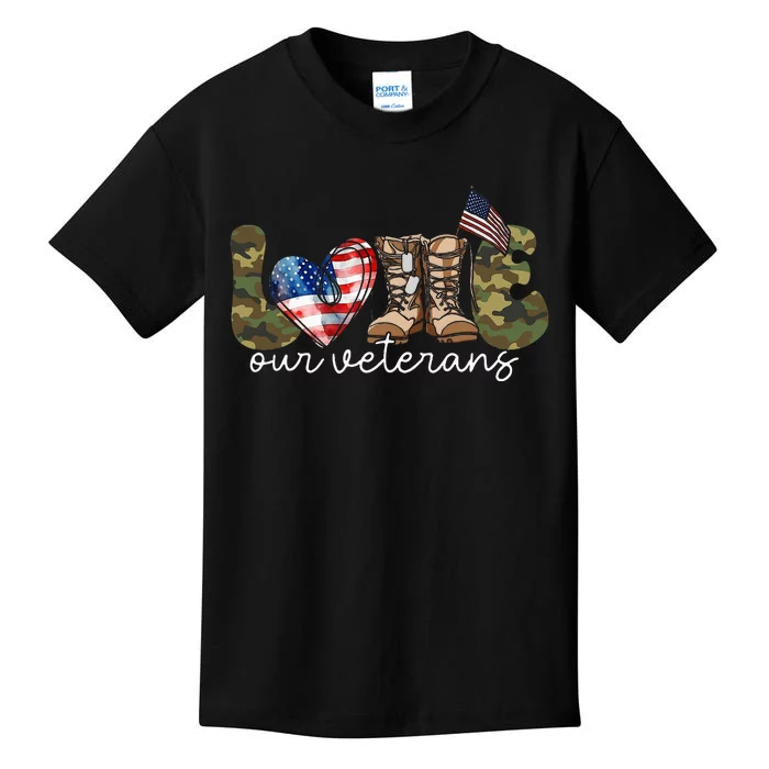 Love Our Veterans Heart USA Flag Camouflage Army Boots Proud Kids T-Shirt