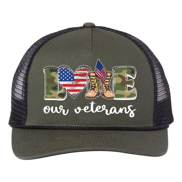 Love Our Veterans Support Our Veterans Retro Rope Trucker Hat Cap