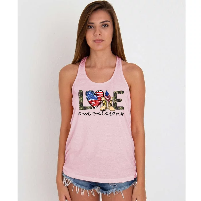 Love Our Veterans Us Military Veterans Day Great Gift Women's Knotted Racerback Tank