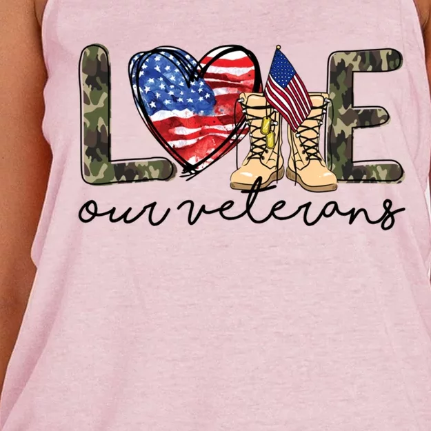 Love Our Veterans Us Military Veterans Day Great Gift Women's Knotted Racerback Tank