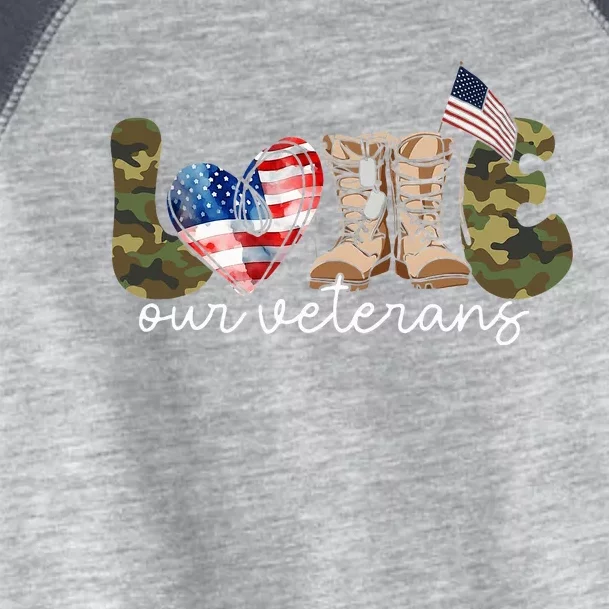 Love Our Veterans Heart USA Flag Camouflage Army Boots Proud Toddler Fine Jersey T-Shirt