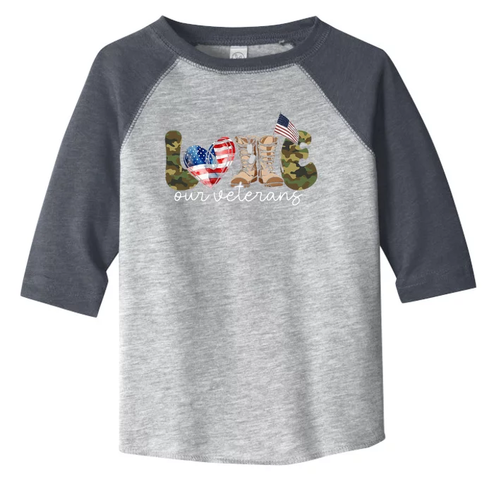 Love Our Veterans Heart USA Flag Camouflage Army Boots Proud Toddler Fine Jersey T-Shirt