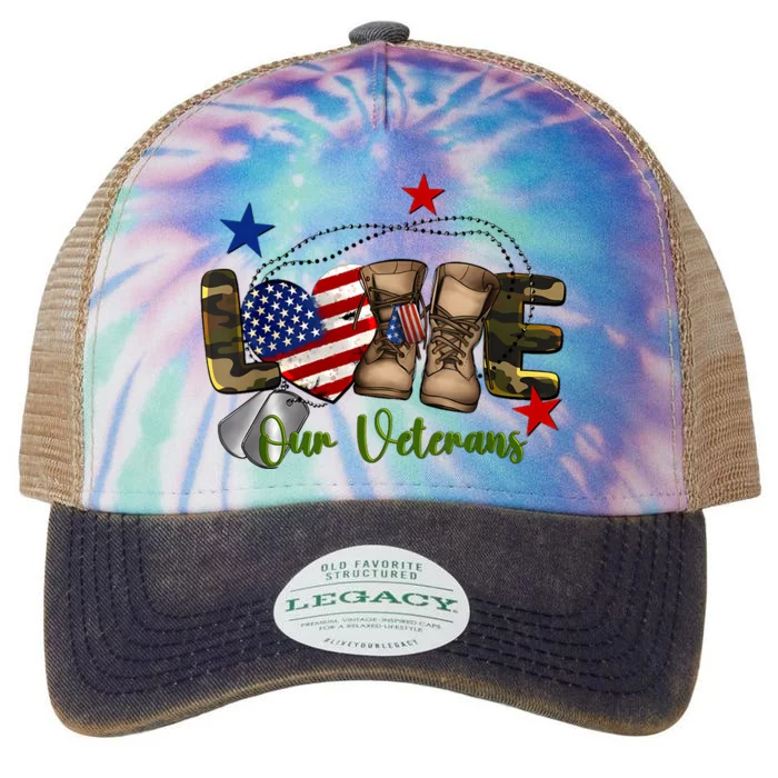 Love Our Veterans Day Proud Military American Flag Legacy Tie Dye Trucker Hat