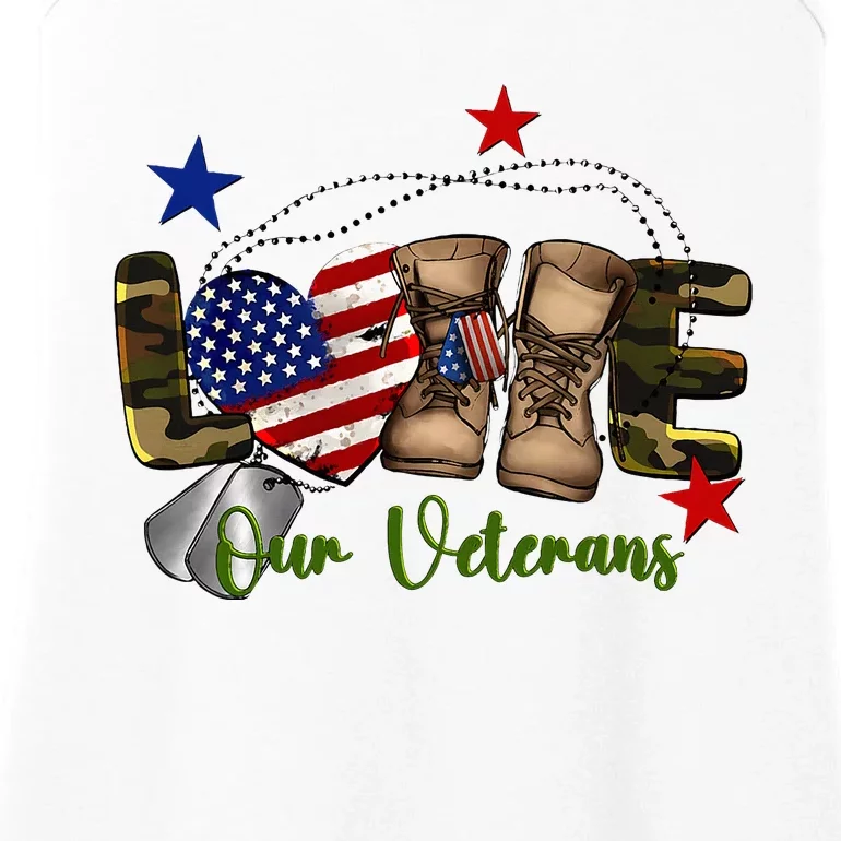 Love Our Veterans Day Proud Military American Flag Ladies Essential Tank