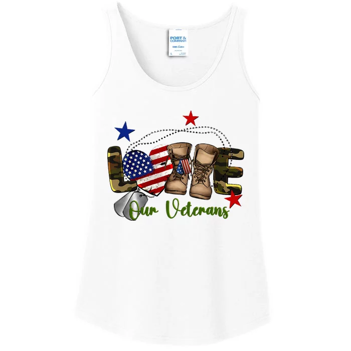 Love Our Veterans Day Proud Military American Flag Ladies Essential Tank