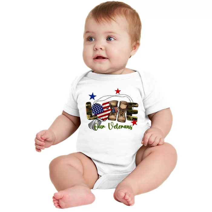 Love Our Veterans Day Proud Military American Flag Baby Bodysuit