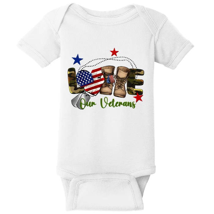 Love Our Veterans Day Proud Military American Flag Baby Bodysuit