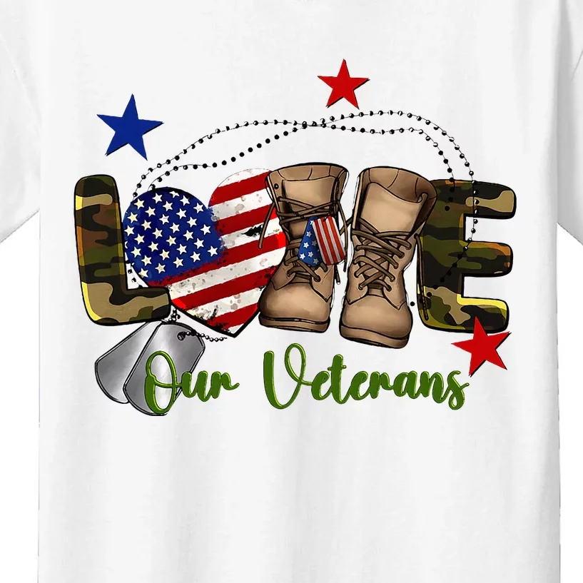 Love Our Veterans Day Proud Military American Flag Kids T-Shirt