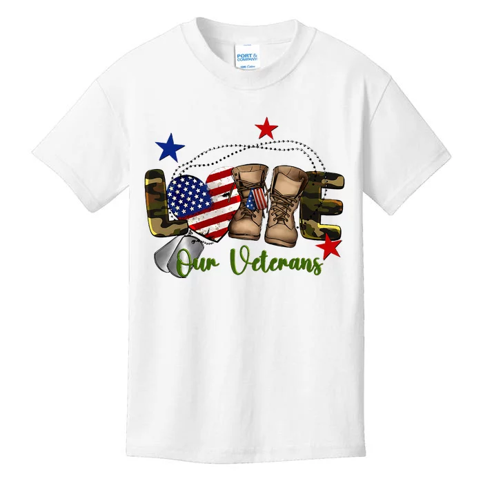 Love Our Veterans Day Proud Military American Flag Kids T-Shirt