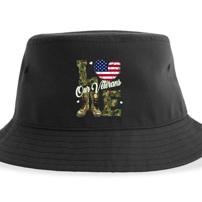 Love Our Veterans Heart USA Flag Camouflage Army Boots Proud Sustainable Bucket Hat