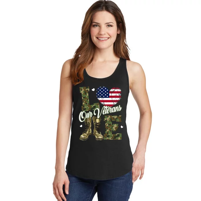 Love Our Veterans Heart USA Flag Camouflage Army Boots Proud Ladies Essential Tank