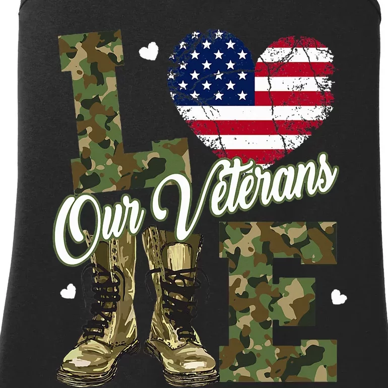 Love Our Veterans Heart USA Flag Camouflage Army Boots Proud Ladies Essential Tank