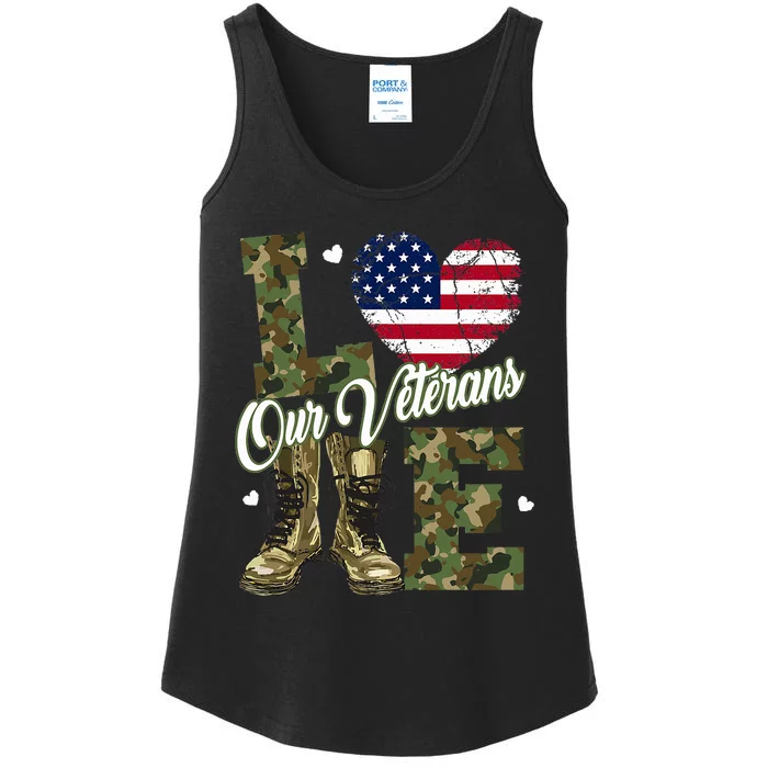 Love Our Veterans Heart USA Flag Camouflage Army Boots Proud Ladies Essential Tank