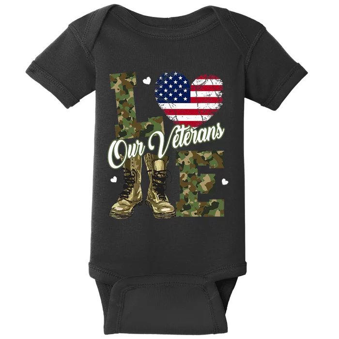 Love Our Veterans Heart USA Flag Camouflage Army Boots Proud Baby Bodysuit