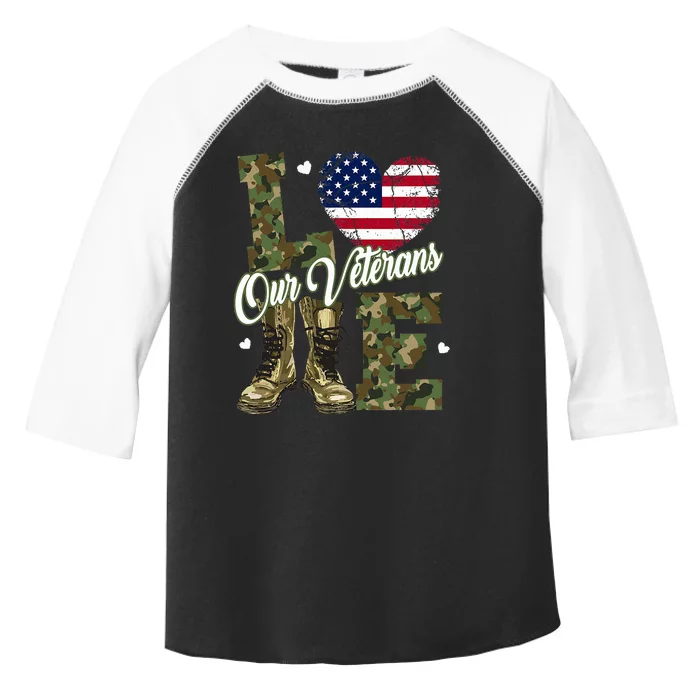 Love Our Veterans Heart USA Flag Camouflage Army Boots Proud Toddler Fine Jersey T-Shirt