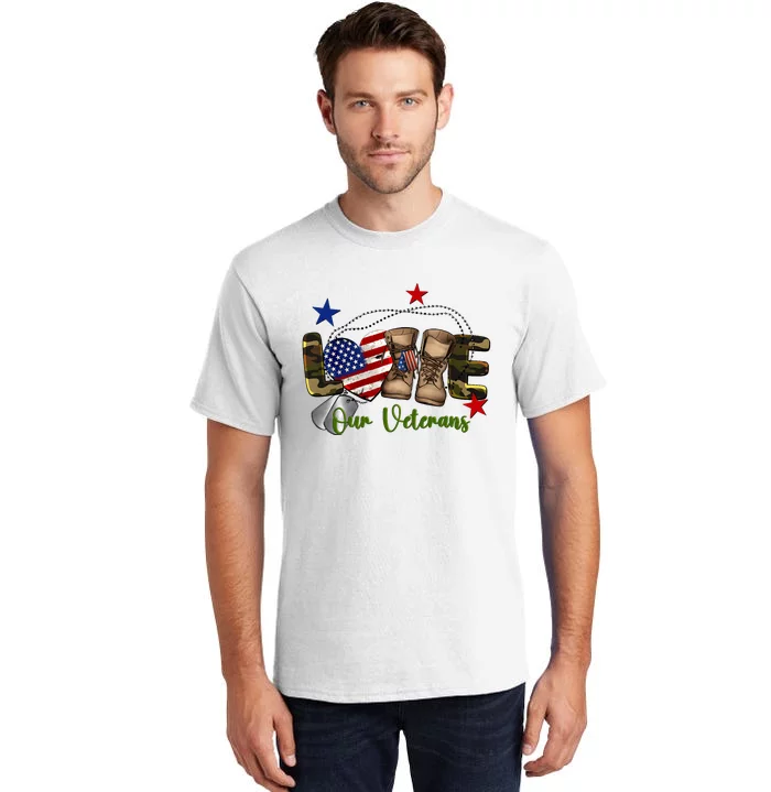 Love Our Veterans Day Proud Military American Flag Tall T-Shirt