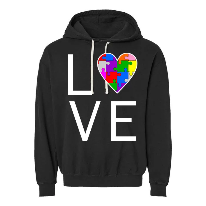 Love Autism Heart Puzzle Pieces Garment-Dyed Fleece Hoodie