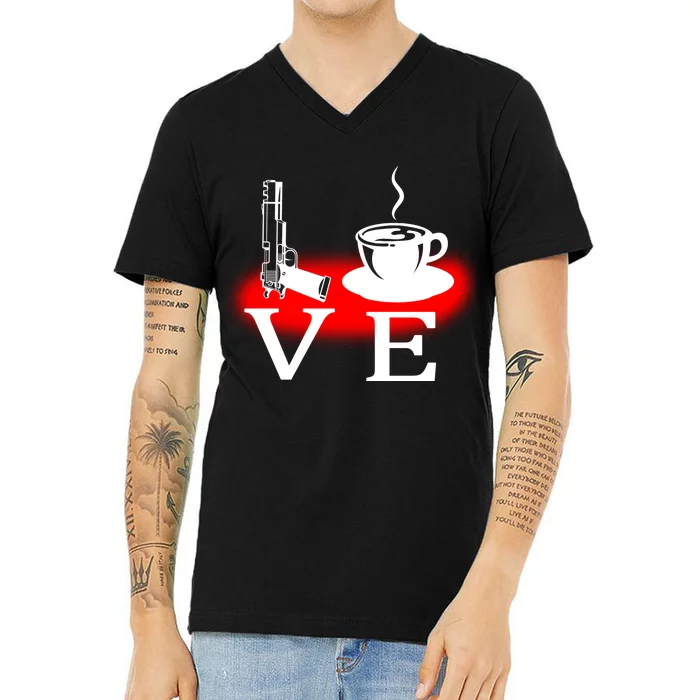 Love Coffee And Guns V-Neck T-Shirt