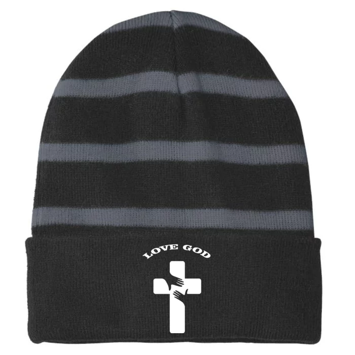 Love God Cross Striped Beanie with Solid Band