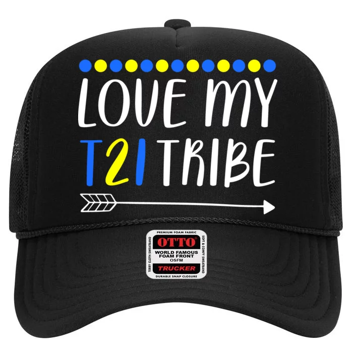 Love My T21 Tribe Down Syndrome Arrow High Crown Mesh Trucker Hat