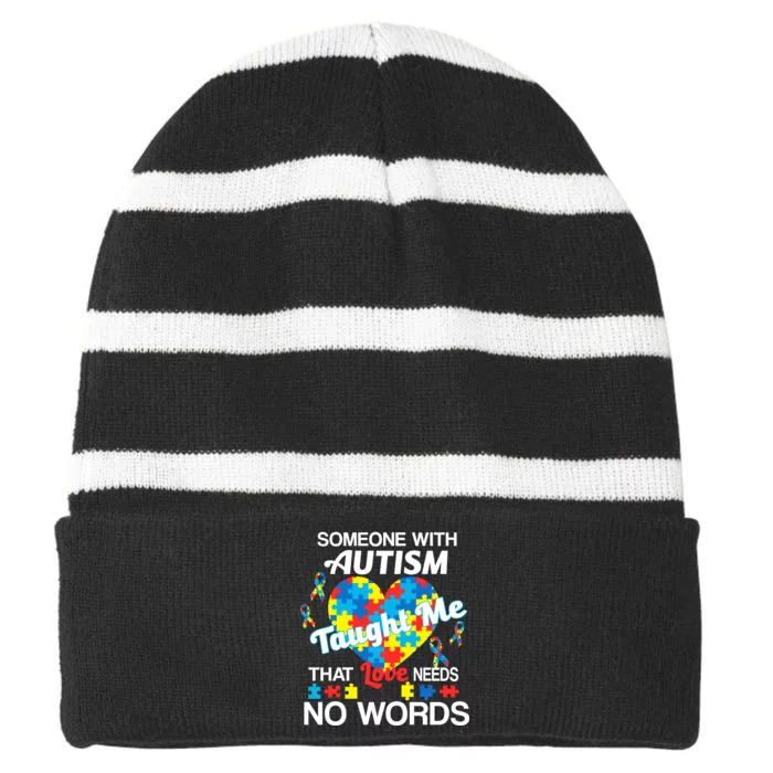 Love Needs No Words Autism Awareness Striped Beanie with Solid Band