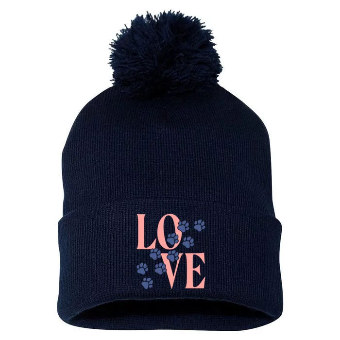 Love Paw Print Pom Pom 12in Knit Beanie