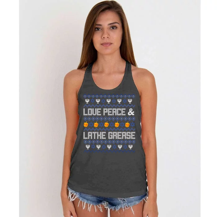 Love Peace & Latke Grease Hanukkah Ugly Women's Knotted Racerback Tank