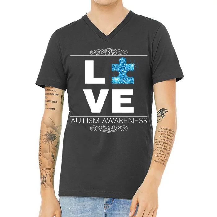 Love Puzzle Piece Autism Awareness Design V-Neck T-Shirt