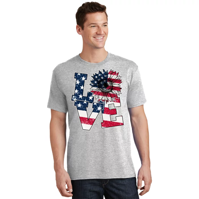 Love Sunflower Patriotic American Flag 4th Of July T-Shirt