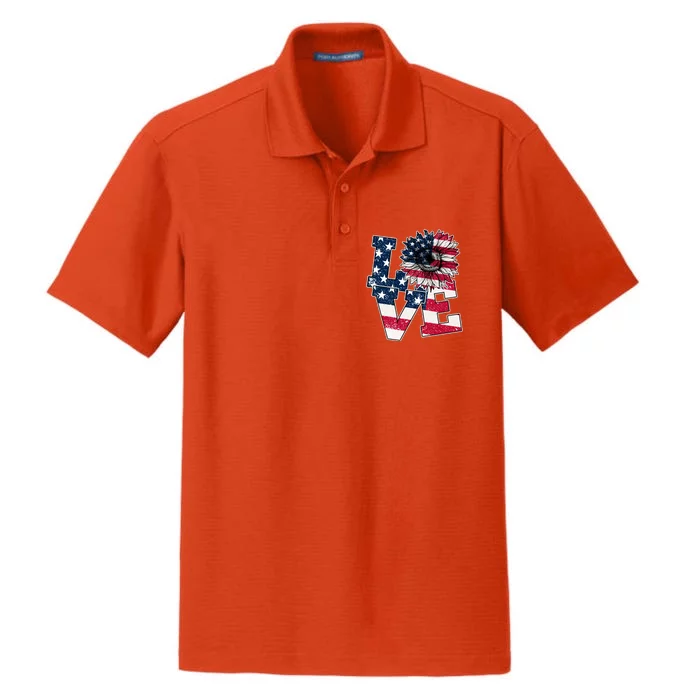 Love Sunflower Patriotic American Flag 4th Of July Dry Zone Grid Performance Polo