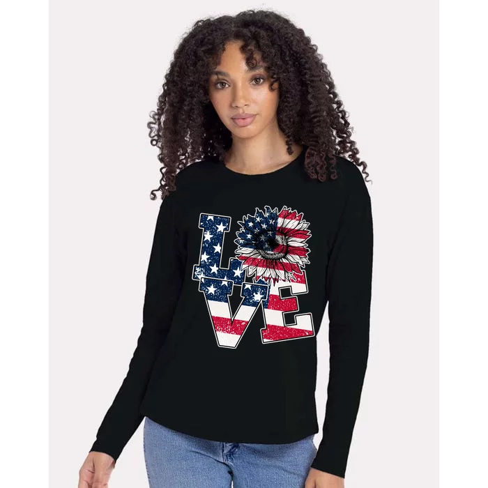 Love Sunflower Patriotic American Flag 4th Of July Womens Cotton Relaxed Long Sleeve T-Shirt