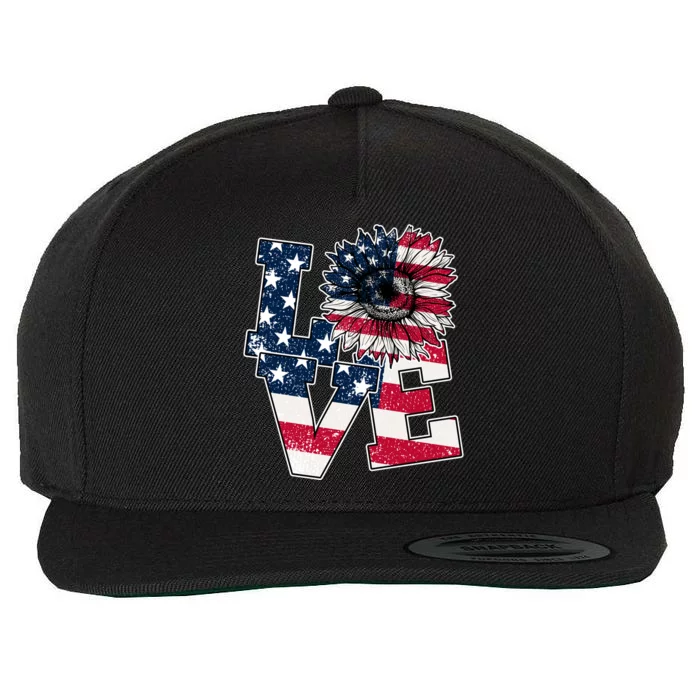 Love Sunflower Patriotic American Flag 4th Of July Wool Snapback Cap