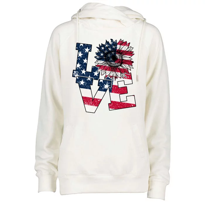 Love Sunflower Patriotic American Flag 4th Of July Womens Funnel Neck Pullover Hood