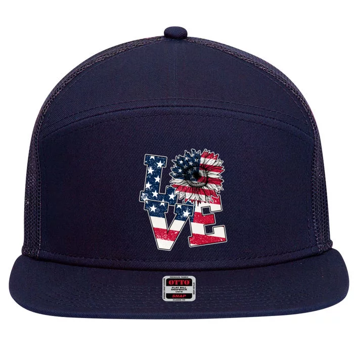 Love Sunflower Patriotic American Flag 4th Of July 7 Panel Mesh Trucker Snapback Hat