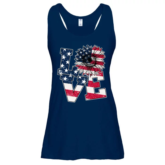 Love Sunflower Patriotic American Flag 4th Of July Ladies Essential Flowy Tank