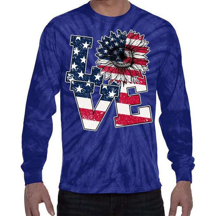 Love Sunflower Patriotic American Flag 4th Of July Tie-Dye Long Sleeve Shirt