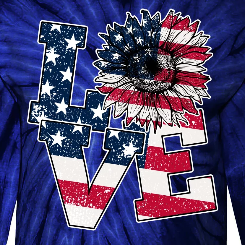 Love Sunflower Patriotic American Flag 4th Of July Tie-Dye Long Sleeve Shirt