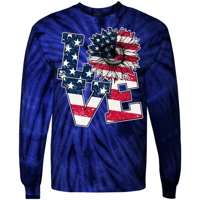 Love Sunflower Patriotic American Flag 4th Of July Tie-Dye Long Sleeve Shirt