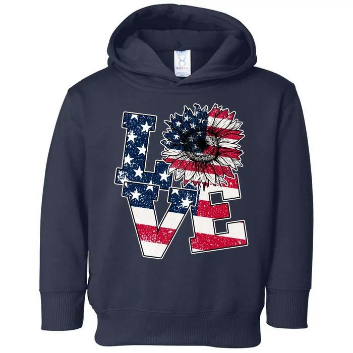 Love Sunflower Patriotic American Flag 4th Of July Toddler Hoodie