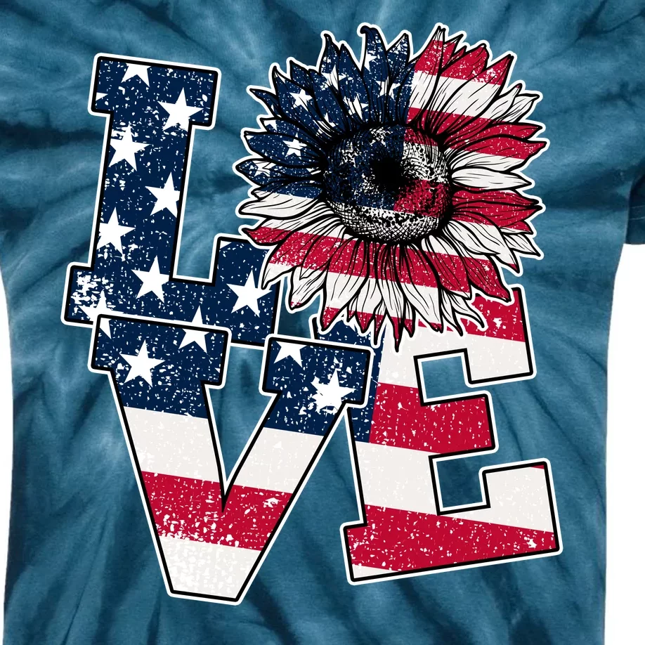 Love Sunflower Patriotic American Flag 4th Of July Kids Tie-Dye T-Shirt