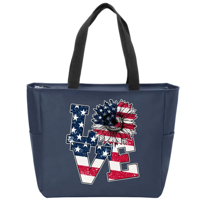 Love Sunflower Patriotic American Flag 4th Of July Zip Tote Bag