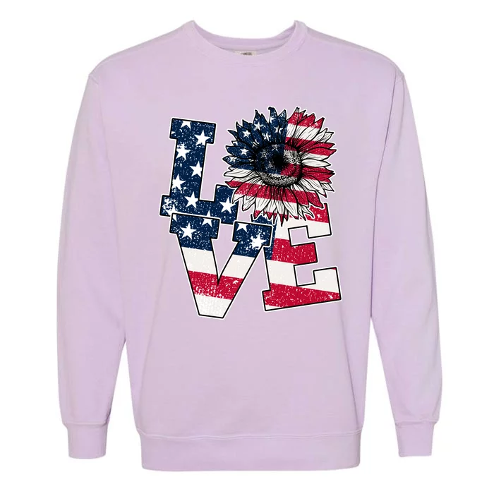 Love Sunflower Patriotic American Flag 4th Of July Garment-Dyed Sweatshirt