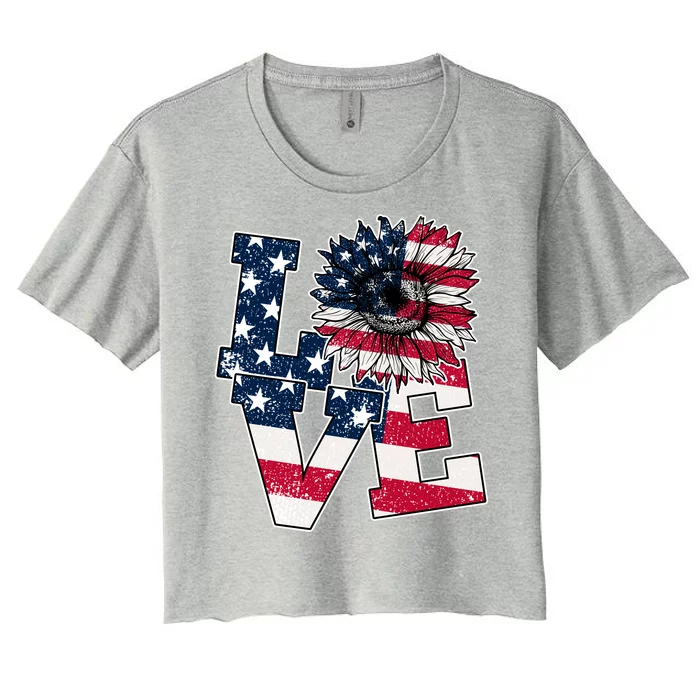 Love Sunflower Patriotic American Flag 4th Of July Women's Crop Top Tee