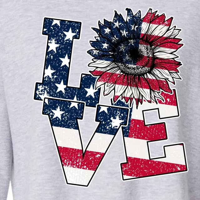 Love Sunflower Patriotic American Flag 4th Of July Cropped Pullover Crew